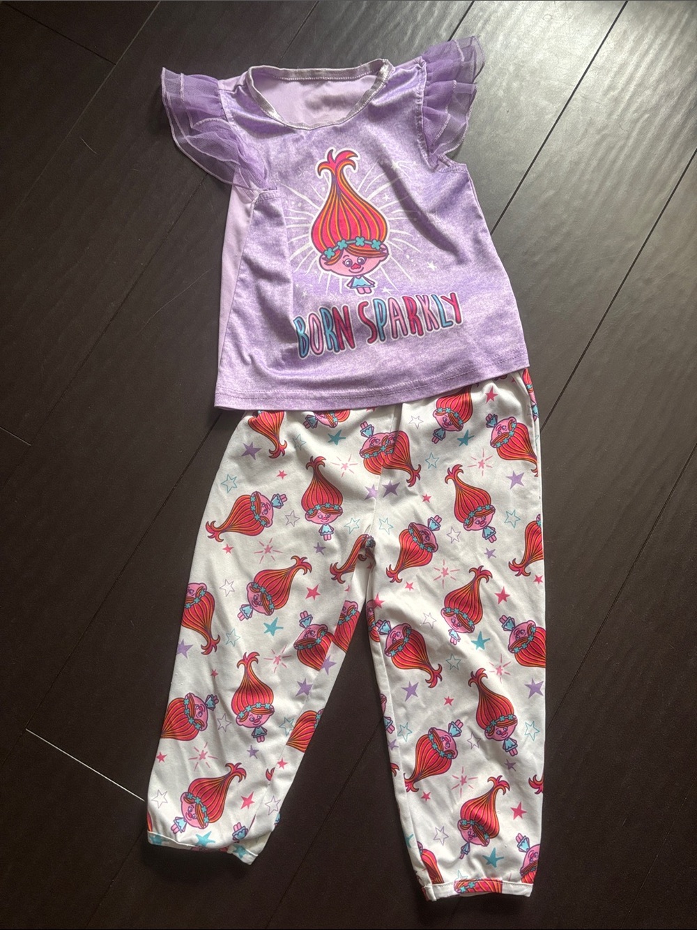 Trolls Lilac Top and White Printed Pajama Set with Pink Hair Characters